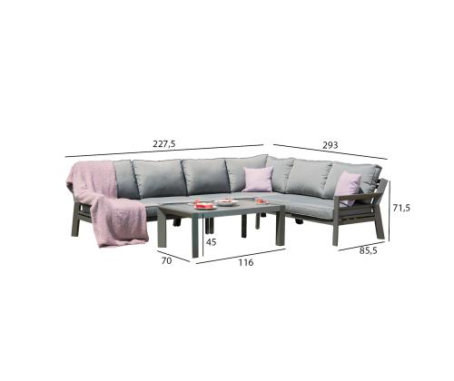 Aiamööblikomplekt TOMSON laud ja nurgadiivan, hall