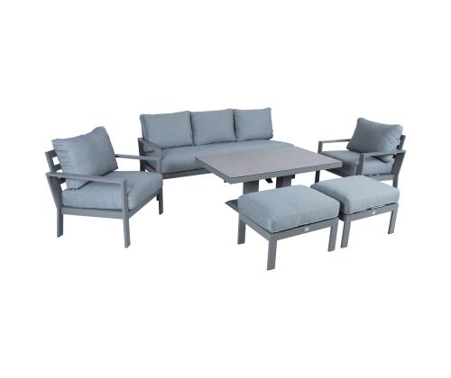 Aiamööblikomplekt RIO laud, diivan, 2 tugitooli ja 2 tumbat, hallikasbeež