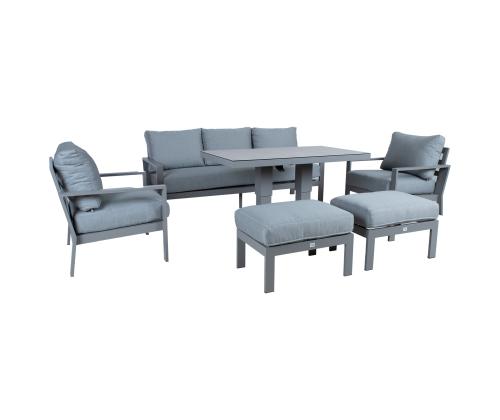 Aiamööblikomplekt RIO laud, diivan, 2 tugitooli ja 2 tumbat, hallikasbeež