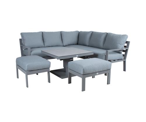 Aiamööblikomplekt RIO laud, nurgadiivan ja 2 tumbat, hallikasbeež