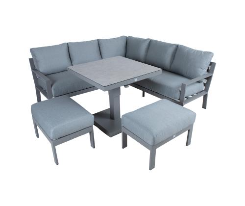 Aiamööblikomplekt RIO laud, nurgadiivan ja 2 tumbat, hallikasbeež