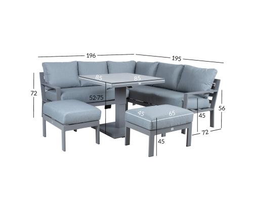 Aiamööblikomplekt RIO laud, nurgadiivan ja 2 tumbat, hallikasbeež