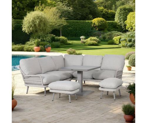 Aiamööblikomplekt MARENDA laud, nurgadiivan ja 2 tumbat, hall/beež