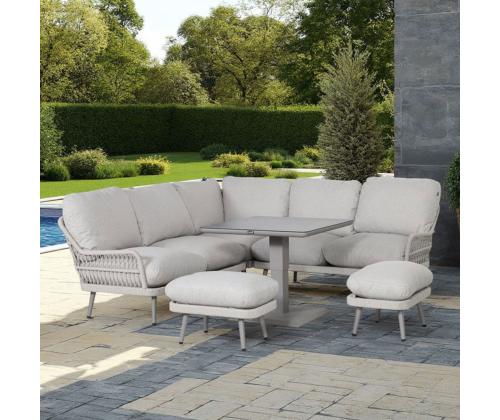 Aiamööblikomplekt MARENDA laud, nurgadiivan ja 2 tumbat, hall/beež