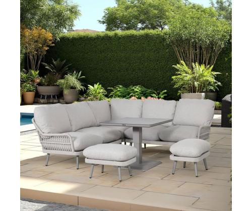 Aiamööblikomplekt MARENDA laud, nurgadiivan ja 2 tumbat, hall/beež