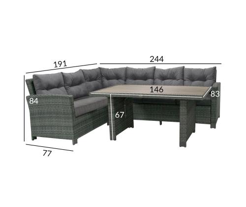 Aiamööblikomplekt PAVIA laud ja nurgadiivan, tumehall