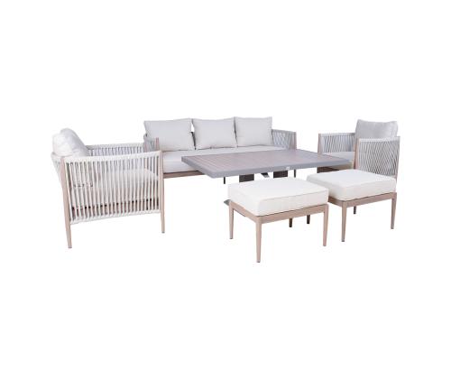 Aiamööblikomplekt MEDINA laud, diivan, 2 tugitooli ja 2 tumbat, beež