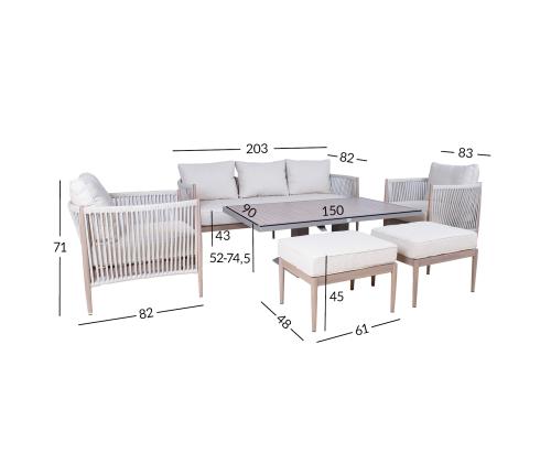 Aiamööblikomplekt MEDINA laud, diivan, 2 tugitooli ja 2 tumbat, beež