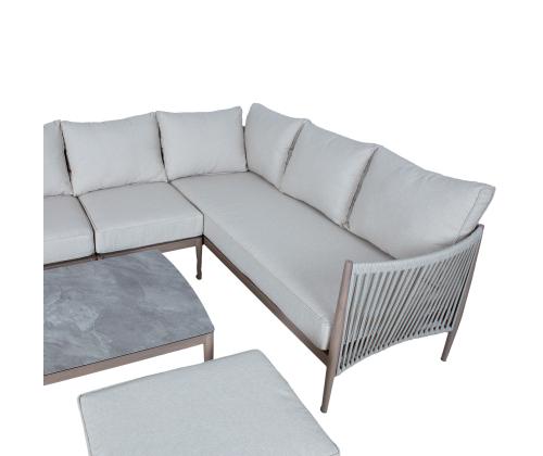 Aiamööblikomplekt MEDINA laud, nurgadiivan, tugitool ja 2 tumbat