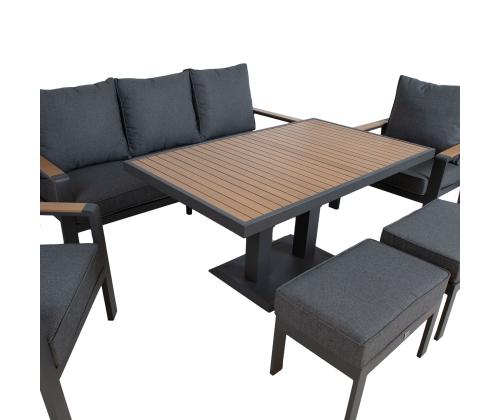 Aiamööblikomplekt PARKER laud, diivan, 2 tugitooli ja 2 tumbat, hall