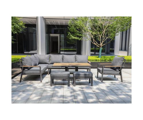 Aiamööblikomplekt PARKER laud, nurgadiivan, tugitool ja 2 tumbat, hall