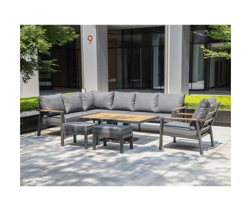 Aiamööblikomplekt PARKER laud, nurgadiivan, tugitool ja 2 tumbat, hall