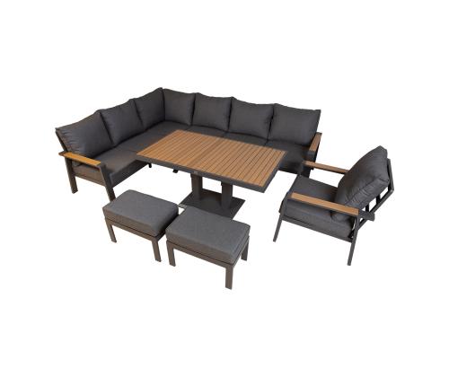 Aiamööblikomplekt PARKER laud, nurgadiivan, tugitool ja 2 tumbat, hall