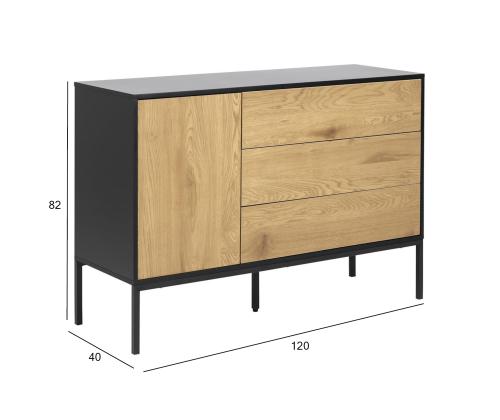 Kummut SEAFORD, 120x40xH82cm, 3 sahtliga, raam: MDF, must matt, 1 uks: lamineeritud kattega mööbliplaat, värvus: tamm