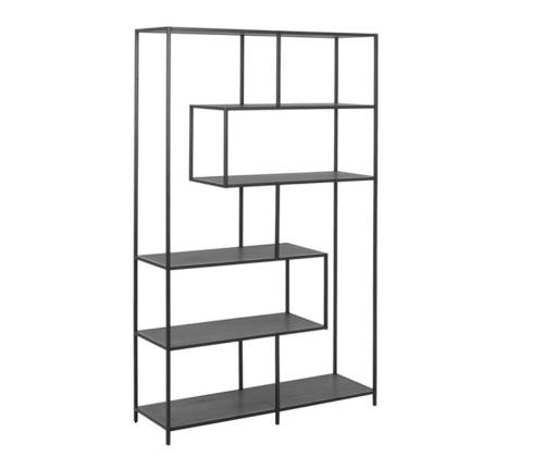 Riiul SEAFORD 114x35xH185cm, must, riiulid: must saare melamiin, raam: must metall