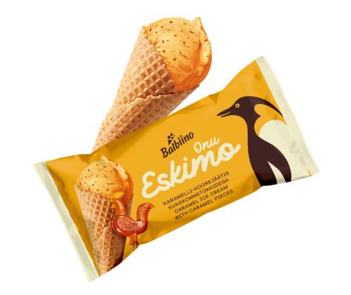 ONU ESKIMO Karamelli-koorejäätis kukekommitükkidega vahvlikoonuses 165ml/80g x 28