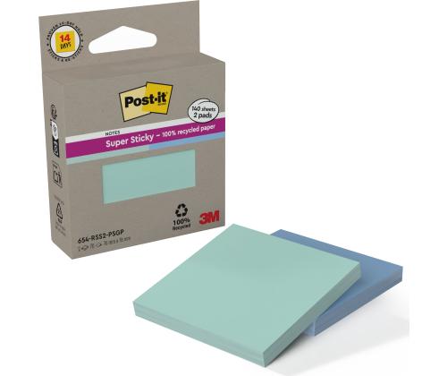 Märkmepaber 76x76mm POST-IT 654 Super Sticky Recycled Notes 2x70 lehte, sinine ja münt, 100% taaskasutatud paber