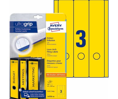 Seljaetikett registraatorile AVERY-Zweckform 61x297mm kollane 20tk