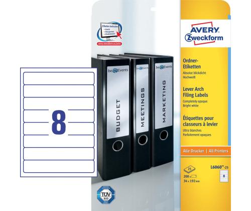 Seljaetikett registraatorile iseliimuv AVERY Zweckform 192x34mm valge 25 lehte