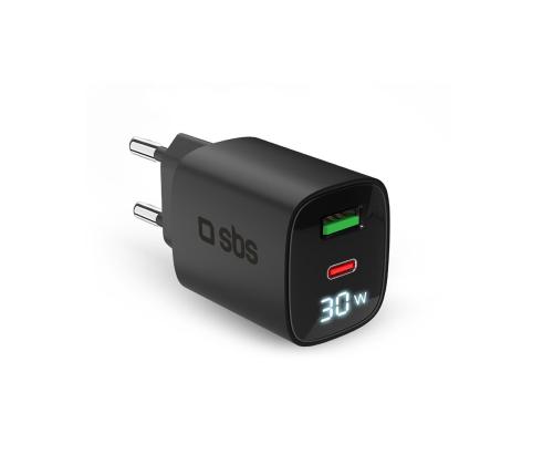 SBS LCD Wall Charger, USB-A, USB-C, LCD, 30 W, must - Laadija