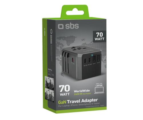 SBS GaN universal travel adapter, 70 W, must - Vooluadapter