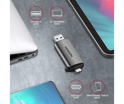 AXAGON CRE-SAC SuperSpeed USB-C / USB-A Card Reader, tumehall - Mälukaardilugeja