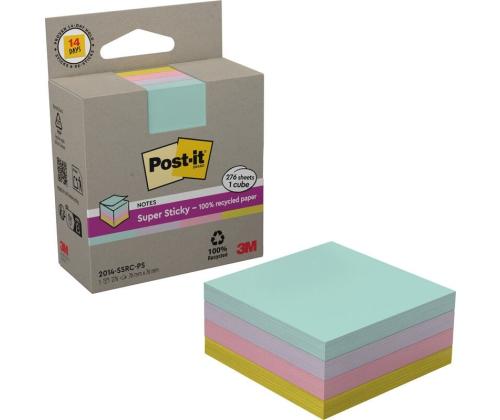 Märkmepaber 76x76mm POST-IT 654 Super Sticky Recycled Notes kuubis 276 lehte, pastell assortii, 100% taaskasutatud paber