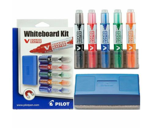 Tahvlimarkerite komplekt + hoidja magnetiga + kustutaja PILOT V Board Master 5 värvi