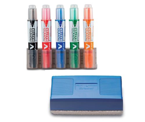 Tahvlimarkerite komplekt + hoidja magnetiga + kustutaja PILOT V Board Master 5 värvi