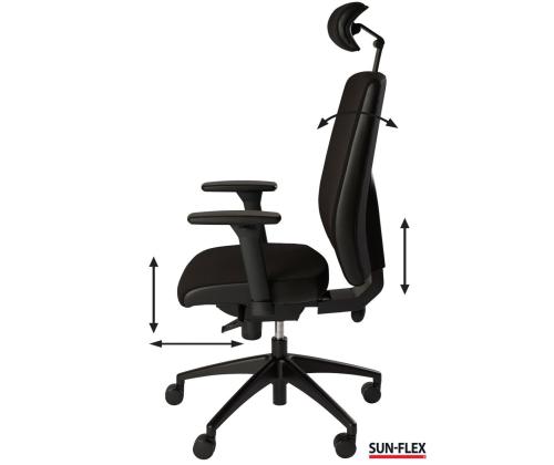 Töötool SUN-FLEX HB 250505 peatoega, regul. käetoedkangas Onyx Black+must alum. jalarist