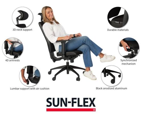 Töötool SUN-FLEX HB 250505 peatoega, regul. käetoedkangas Onyx Black+must alum. jalarist