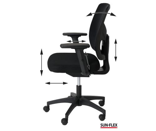 Töötool SUN-FLEX MESH 250305, võrkkangast seljatugi, 4D regul.käetoed must kangas+must jalarist